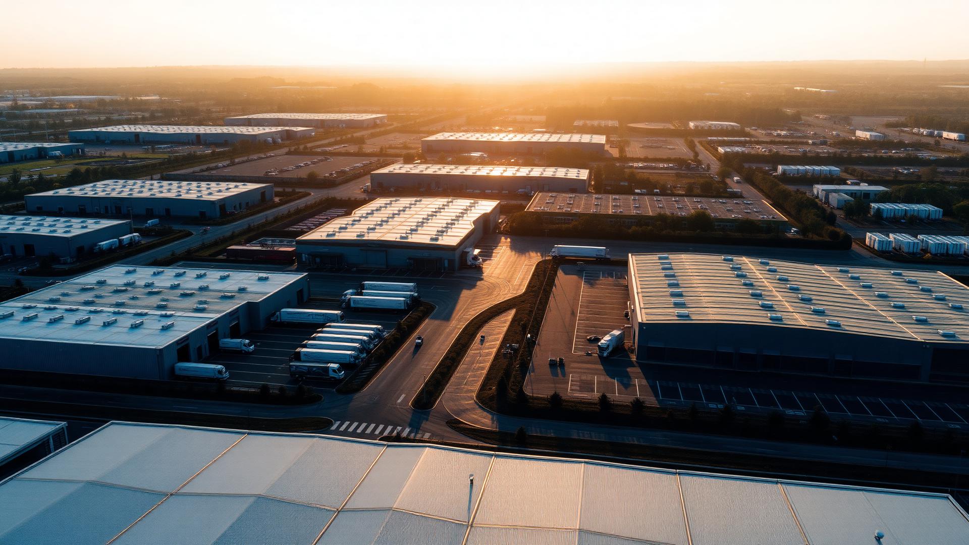 Golden hour over a logistics distribution park