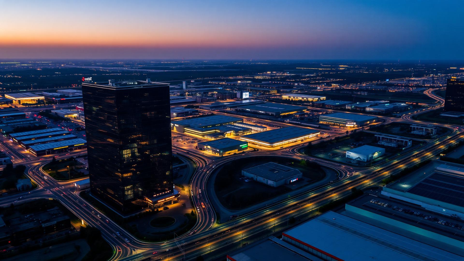 Twilight aerial of a mixed-use commercial development