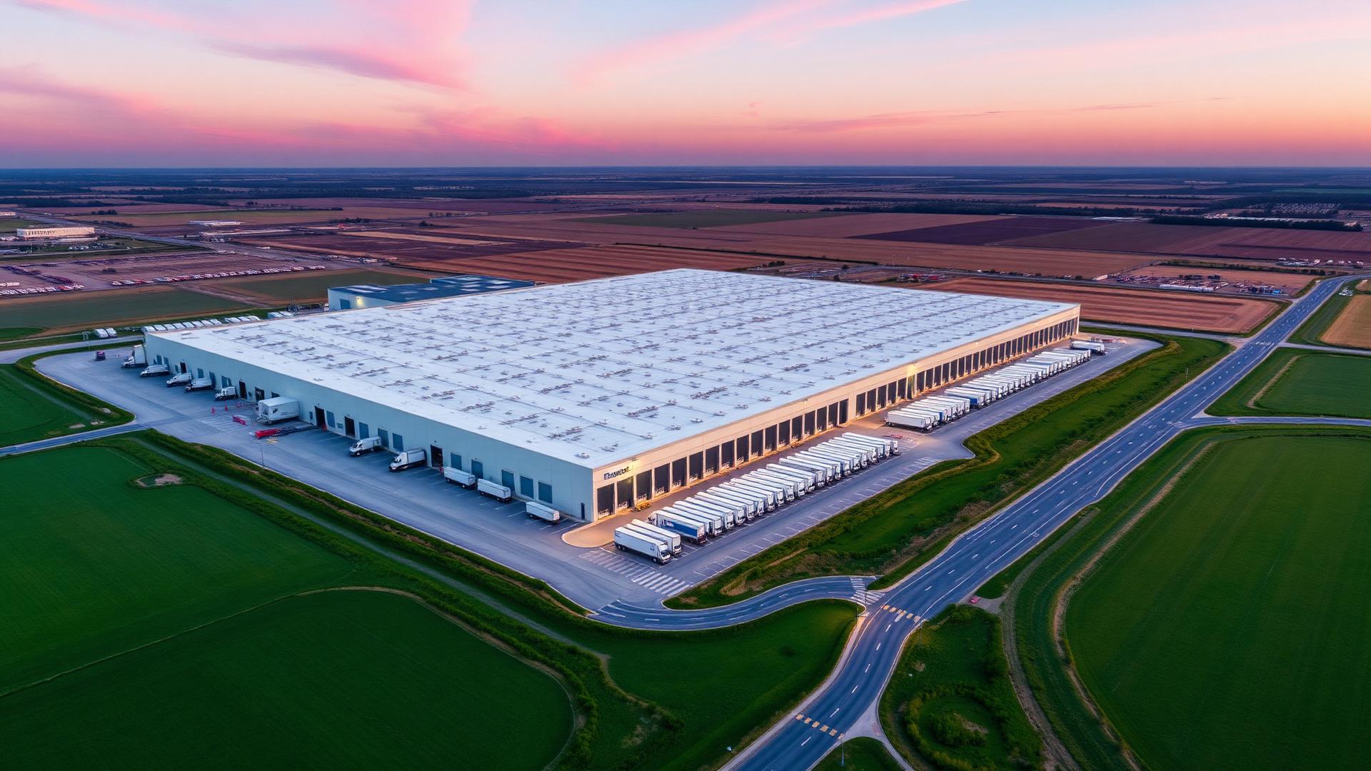 Sunset over a massive fulfillment center